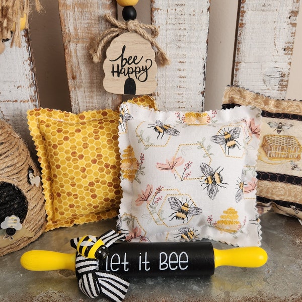 Bees,Bees,Bees. Mini pillow.  Wood bead garland, Bee Skep. Tiered tray decor, Home decor. Bowl filler, Basket filler. Pary decor.