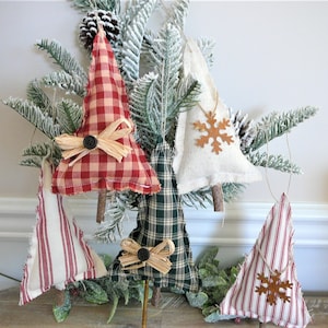 Rustic Fabric Christmas tree ornaments. Farmhouse/ primitive tree, Christmas Tray decor, Holiday centerpiece, Bowl filler.