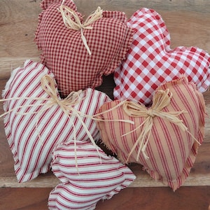 Rustic farmhouse mini pillow fabric Hearts.  Tiered tray decor, Valentine decor. Bowl filler, Basket filler.