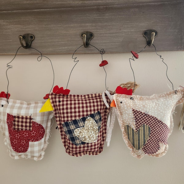 Country farmhouse Chickens. Rustic fabric Hens. Peg Hanger, Bowl filler. Tiered tray decor. Basket filler.