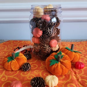 May include: A clear plastic jar filled with brown pinecones and small orange, red, and cream-colored pumpkins. Three plush orange velvet pumpkins with green felt leaves and brown stems are arranged in front of the jar alongside loose pinecones.