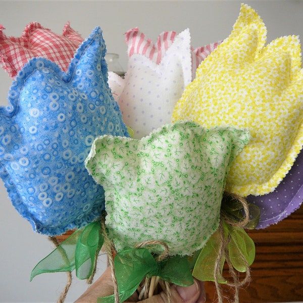 Fabric tulips, Spring fabric flower stems. Flower pokes. Country decor. Easter bouquet. Spring decor. Farmhouse flowers. Mother's Day gift.