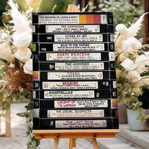 Retro films VHS-videoband bruiloft zitplaatsen tabel - retro bruiloft tafelplan - films uit de jaren 80 en 90 - film stoelplanner
