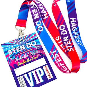 Puede incluir: Un conjunto de cordones coloridos y un pase VIP para una fiesta previa a la boda. Los cordones son rojos, azules y morados con las palabras "HAGFEST" y "STEN DO" impresas. El pase VIP es azul y presenta el texto "STEN DO" y "VIP".