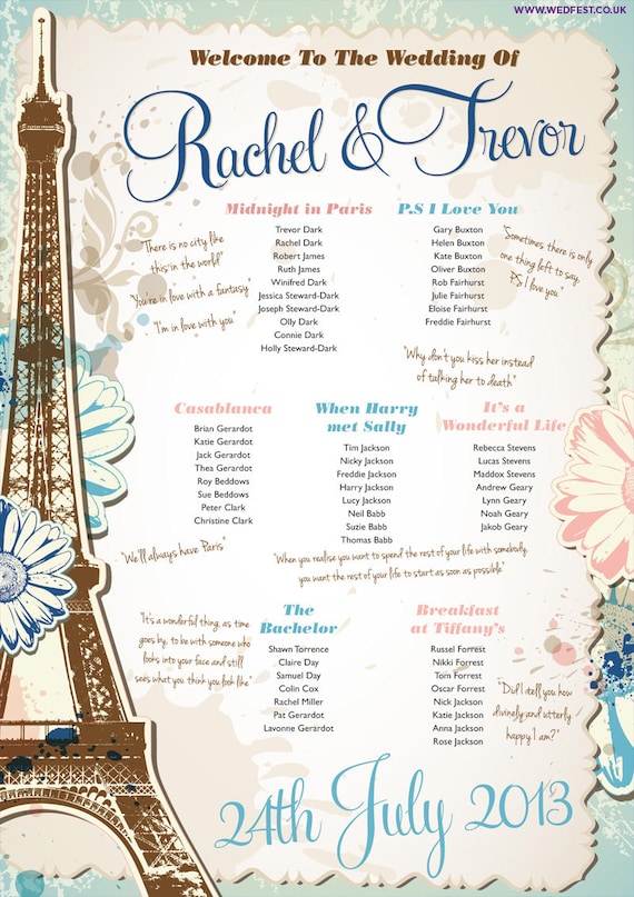 Paris Themed Wedding Table Plan