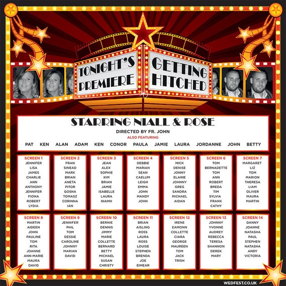 Movie and Cinema Themed Wedding Table Plans ~ Movies Wedding Table Plan - Cinema Table Chart
