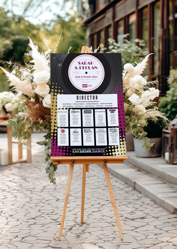 Music Vinyl Record Wedding Table Seating Plan - Retro Vinyls Wedding table Plan - 7" vinyl record table plan- retro wedding stationery