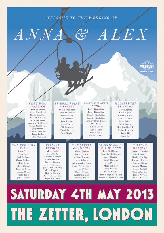 Ski Skiing Theme Wedding Table Seating Plans - Ski Snowboard Wedding Seating Plan - Apres Ski Wedding Stationery