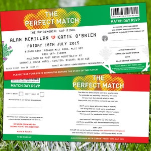 Pode incluir: Um convite de casamento com fundo verde e vermelho, com o texto "The Perfect Match". O convite inclui detalhes do casamento de Alan McMillan e Katie O'Brien, com informações de RSVP.