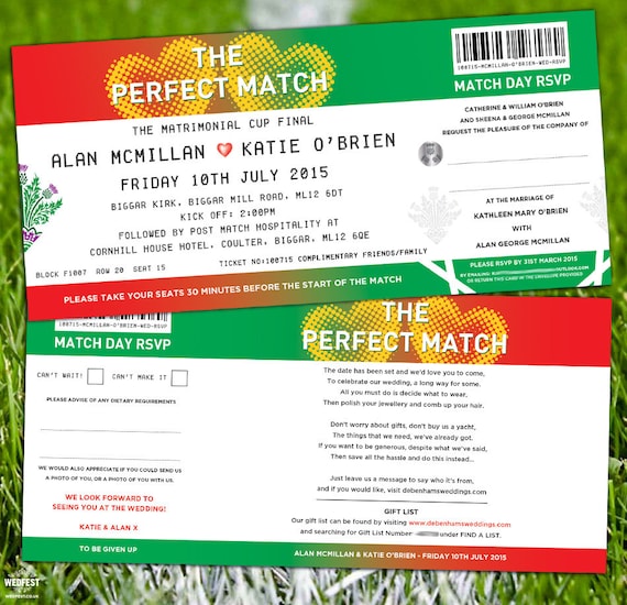 Football Match Ticket Wedding Invitations / Soccer Wedding Invites (Sample pack) Football Party Invitations