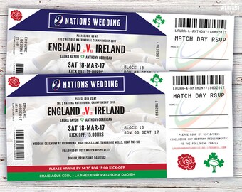 Rugby Ticket Themed Wedding Invitations | Rugby Sports Wedding Invites | Two Nations Wedding Invites