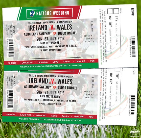 Rugby Ticket Themed Wedding Invitations | Rugby Sports Wedding Invites | 6 Nations Wedding Invites