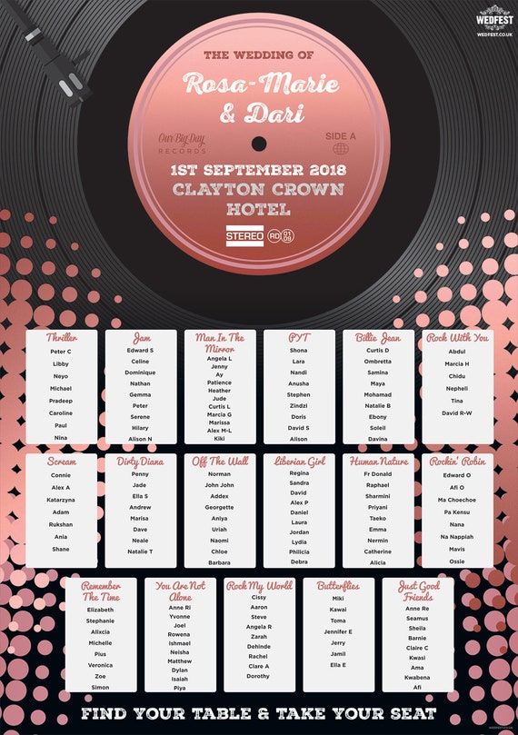 Vinyl Record  Music Theme Wedding Seating Chart - Retro Vinyls Wedding Seating Table Plan - 7" vinyl records table plan