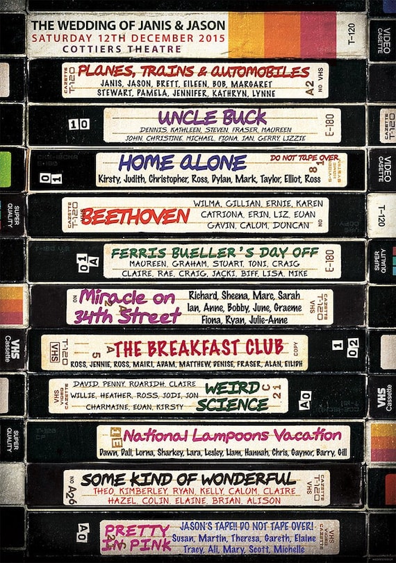 VHS 80's Movies Retro Wedding Table Plan - Retro Wedding Table Plan - 80s themed - seating planner - wedding seating chart