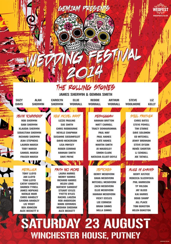 Rock Music  Heavy Metal Wedding Table Plan - Rock n Roll Wedding Table Plan, rockers wedding day stationery, rock n roll bride
