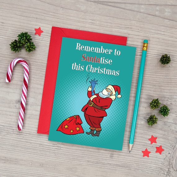 SantaTise Sanitise Coronavirus Covid themed Christmas Card, Pandemic Lockdown Quarantine Christmas Card, Funny Santa Christmas Cards