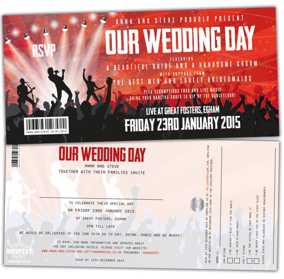 Concert Gig Ticket Wedding Invitation (sample pack) | Festival Ticketmaster Concert Ticket wedding invites | rock n roll bride invites
