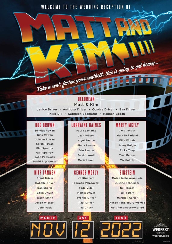 Back to the Future Wedding Table Plan - Seating Plan - Seating Chart - Marty McFly, Movie themed wedding stationery, retro wedding