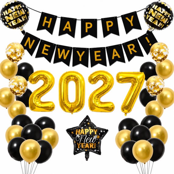 2027 New Years Eve Balloons Decorations Set ~ Large Happy New Year NYE 2027 Balloons ~ Black & Gold Garland Balloons Bunting Banner