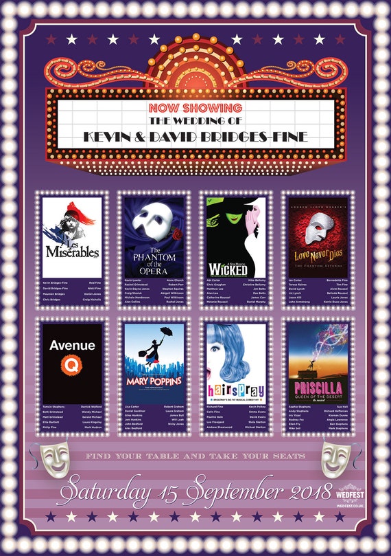 Musical Theatre Theme Wedding Table Plans ~ Theatre Wedding Table Plan - West End Broadway theme wedding