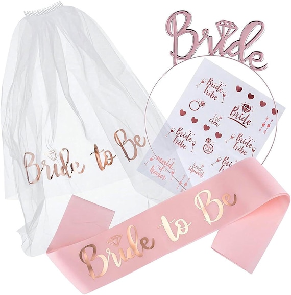 Bride to Be 4 Pack Rose Gold Hen Party Accessories Set - Sash, Tiara & Veil with Comb | Hen Do Favours Wedding Bridal Shower