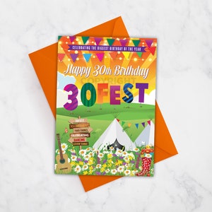 30FEST ® 30周年「フェスティバル サイン」バースデー カード、フェスティバル テーマ 30歳の誕生日、30歳の誕生日、30 FEST、サーティ フェスト、グラストンベリー テーマ