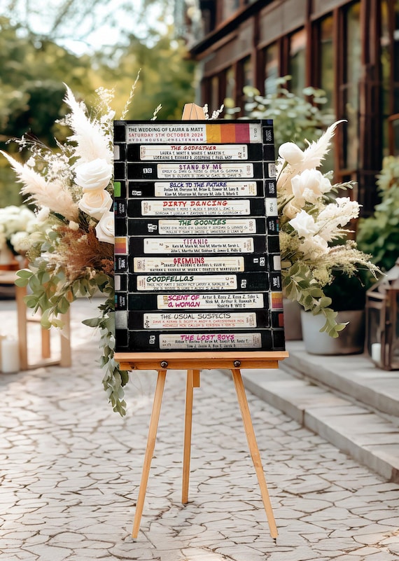 Retro Movies VHS Video Tape Wedding Seating Chart - Retro Wedding Table Plan - 80s 90s Movies - movie seating planner