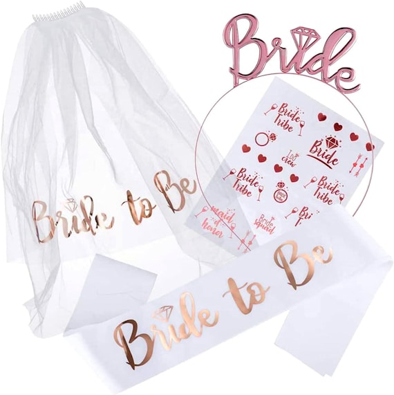 Bride to Be 4 Pack Rose/White Hen Party Accessories Set - Sash, Tiara & Veil with Comb | Hen Do Favours Wedding Bridal Shower