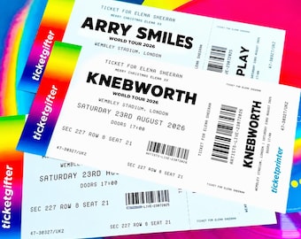 May include: Three rectangular event tickets with a rainbow gradient side strip. The text reads TICKET FOR ELENA SHEERAN, MERRY CHRISTMAS ELENA XX, ARRY SMILES, KNEBWORTH, WORLD TOUR 2026, WEMBLEY STADIUM, LONDON, SATURDAY 23RD AUGUST 2026, DOORS 17:00.