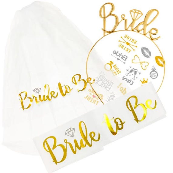 Bride to Be 4 Pack Gold/White Hen Party Accessories Set - Sash, Tiara & Veil with Comb | Hen Do Favours Wedding Bridal Shower