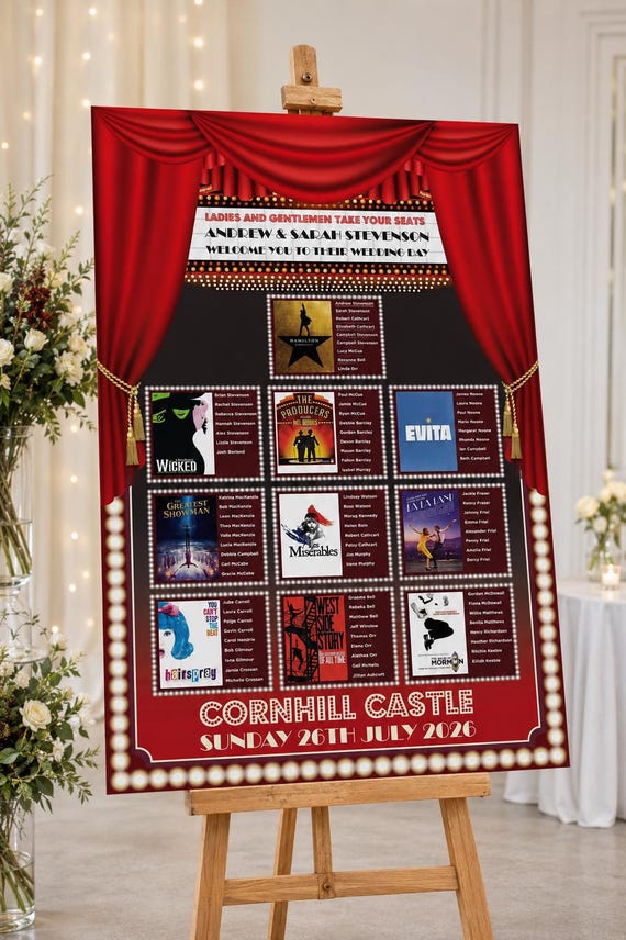 West End Broadway Musicals Wedding Table Seating Plans ~ Musical Theatre Wedding Table Plan - playbill theme wedding