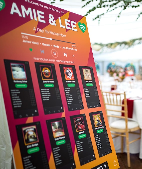 Music Playlist Wedding Table Seating Plan - Musical Bands Artist Songs Wedding table Plan - Festival Music Theme Wedding Stationery