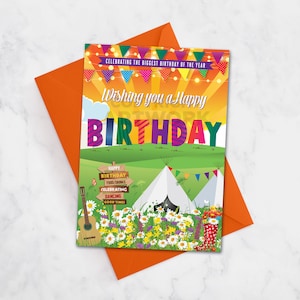 Carte d’anniversaire de signe de festival, carte d’anniversaire de thème de festival de musique, carte d’anniversaire de tout âge, thème de Glastonbury, 18e, 20e, 21e, 30e, 40e