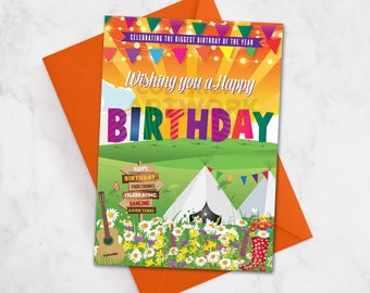 Festival Sign Birthday Card, Music Festival Theme Birthday Card, Any age Birthday card, glastonbury theme,  18th, 20th, 21st, 30th, 40th