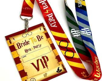May include: A set of themed lanyards and a VIP pass. The red and yellow lanyard reads "Hen Party" and features a lightning bolt. The VIP pass is designed with a scroll theme and reads "Bride To Be" and "VIP". The second lanyard is striped.
