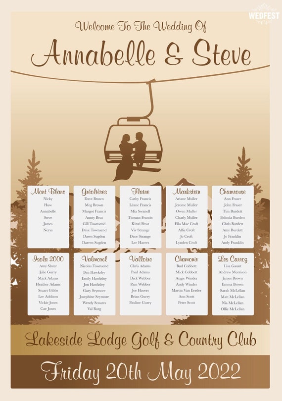 Ski Theme Wedding Table Seating Plan -  Skiing Ski Snowboard Wedding Seating Plan Chart - Apres Ski Wedding Stationery