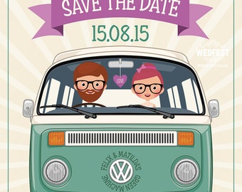 VW Campervan Hipster Wedding Save the Date Cards  | Retro Festival Wedding | Rock n Roll Wedding save the date