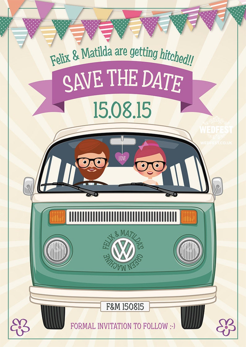 VW Campervan Hipster Wedding Save the Date Cards Retro Festival Wedding Rock n Roll Wedding save the date image 1