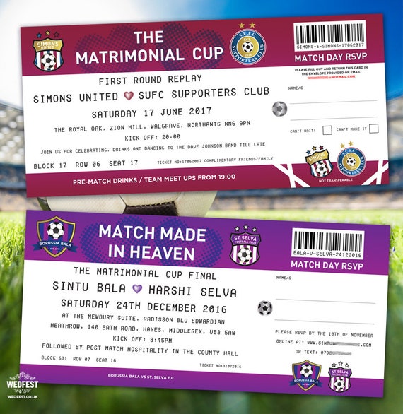 Football / Soccer Ticket Wedding Invitations  (Sample pack) Football Party Wedding Invites