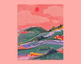 After the Heat Art Print, Colorful Landscape Wall Art, Sunset Hills Illustration, Nature Inspired Home Decor, 8.5x11 Print