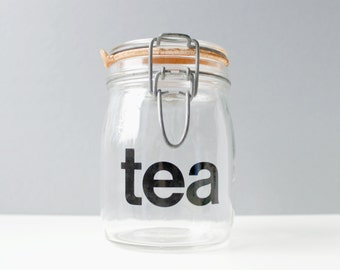 Vintage Glass Tea Jar Mid Century Modern Typography Graphic