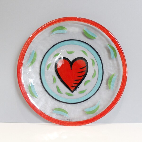 Kosta Boda Glass Heart Platter Ulrica Hydman-Vallien Hand Painted 13"