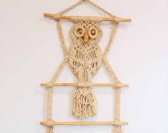 Vintage Macrame Owl Wall Hanging Bohemian Woven Fiber Art Mid Century