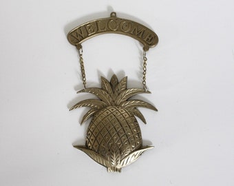 Vintage Brass Pineapple Welcome Sign Hanging Wall Plaque