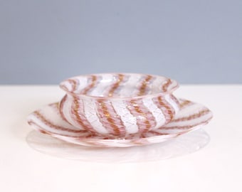 Salviati Murano Zanfirico & Copper Aventurine Glass Bowl and Underplate Pink White Ribbons