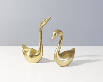 2 Vintage Brass Swan Figurines Mid Century Hollywood Regency