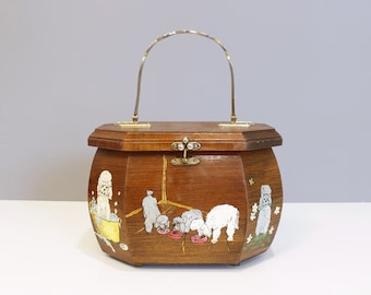 Vintage Wooden Box Bag Handbag Purse Hand Painted 1970s Poodles Handmade