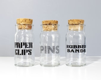3 Vintage Glass Storage Jars Office Desk Storage Paper Clips Rubber Bands Pins Typography Containers