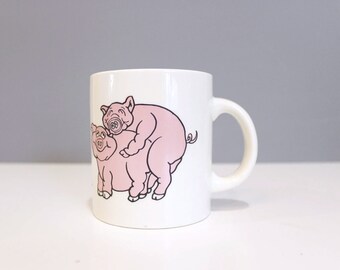 Vintage Fornograffics Mug Naughty Pigs Pink White Kitschy Mug