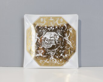 2 Available - Lee Hager Glass Trays Dishes Gold Angels Demons Mid Century White Square